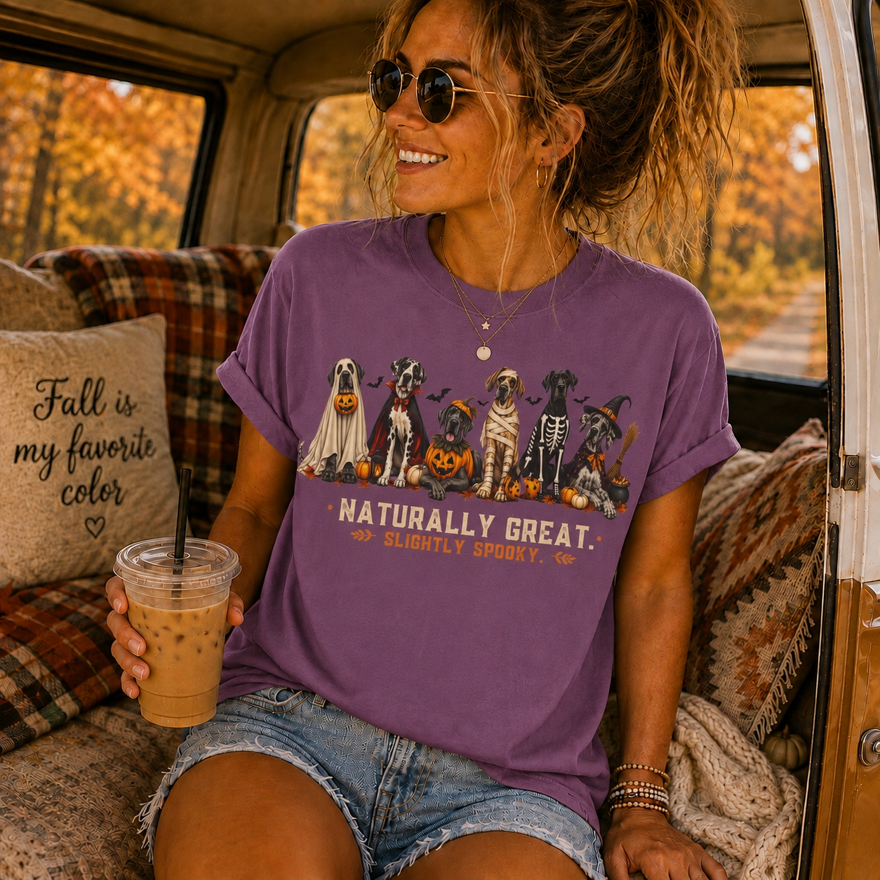 Halloween Great Danes in Costume Funny T-Shirt — "Naturally Great" Pumpkin & Skeleton Dane Graphic Tee