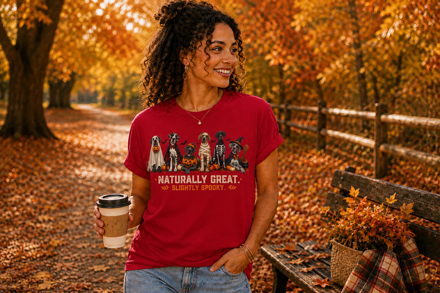 Halloween Great Danes in Costume Funny T-Shirt — "Naturally Great" Pumpkin & Skeleton Dane Graphic Tee