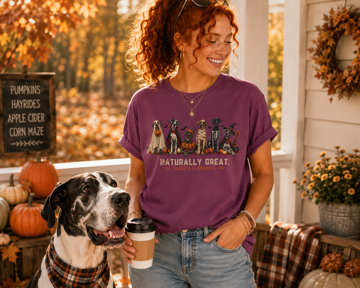 Halloween Great Danes in Costume Funny T-Shirt — "Naturally Great" Pumpkin & Skeleton Dane Graphic Tee