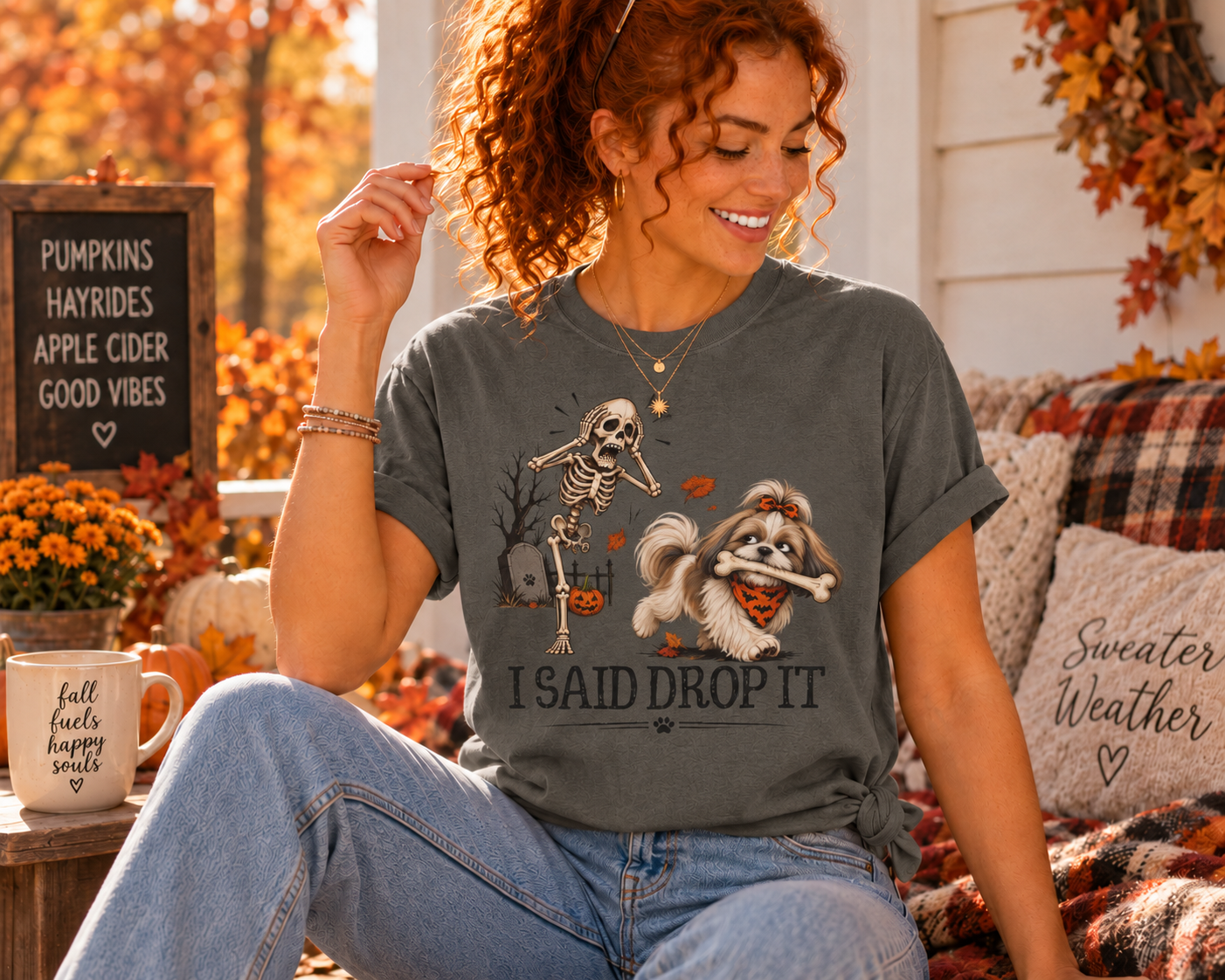I Said Drop It T-Shirt — Funny Halloween Shih Tzu and Skeleton Graphic Tee