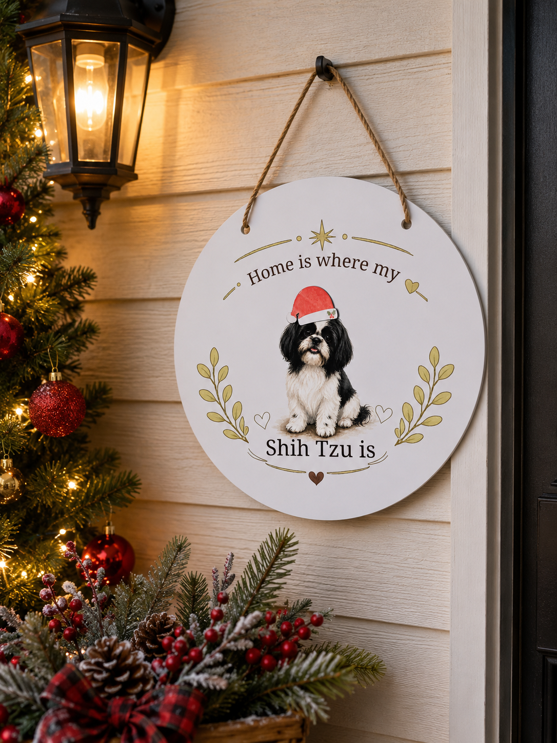 Decorative sign with a Shih Tzu dog illustration and Christmas decorations on a wooden door.