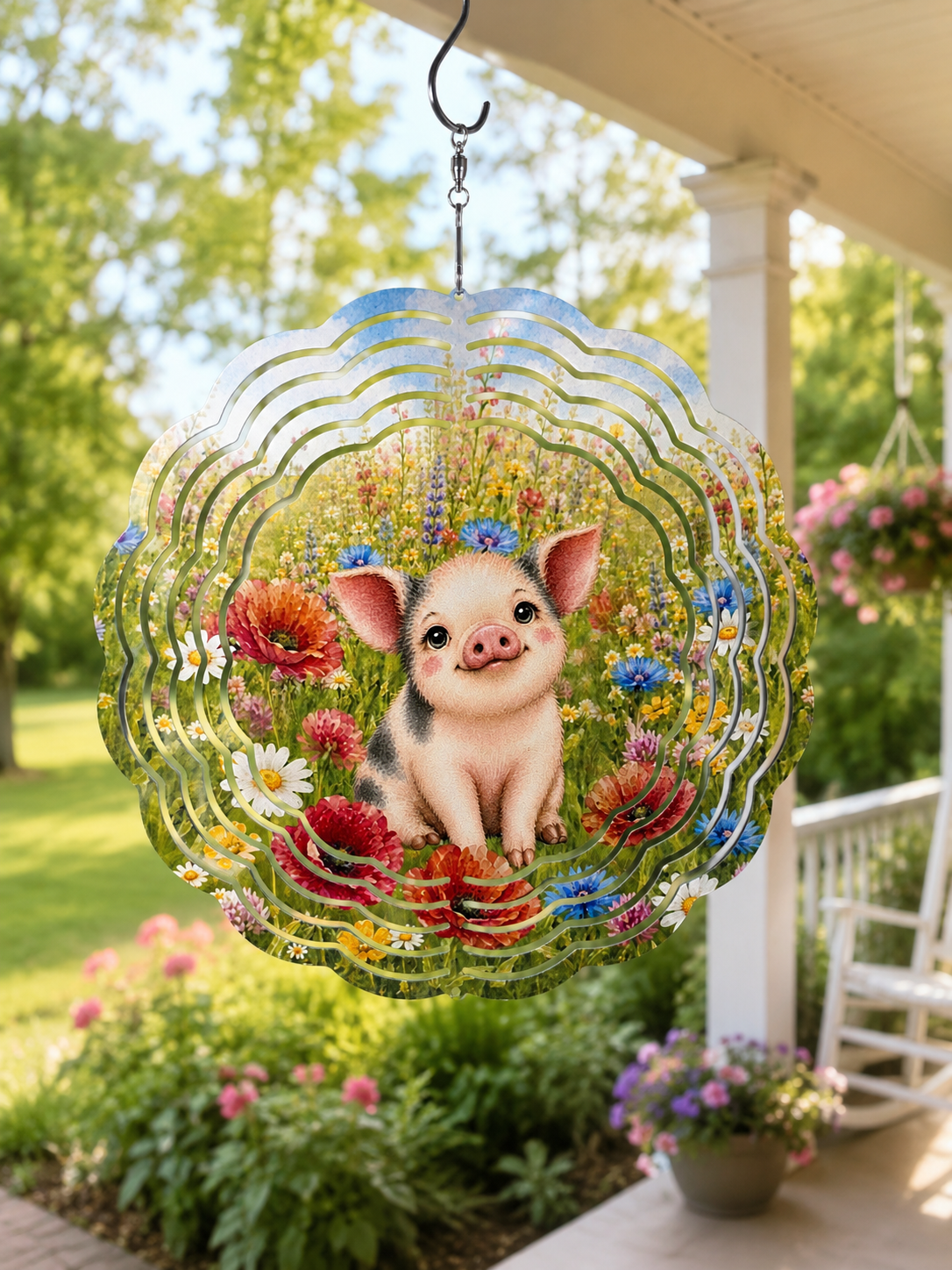 Decorative hanging sphere with a pig illustration and flowers on a porch.