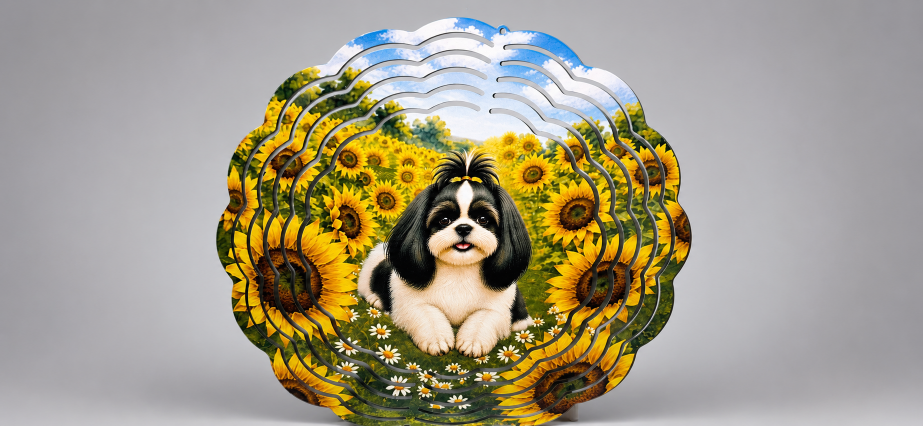 Decorative wind spinner with a Shih Tzu and sunflower design on a gray background