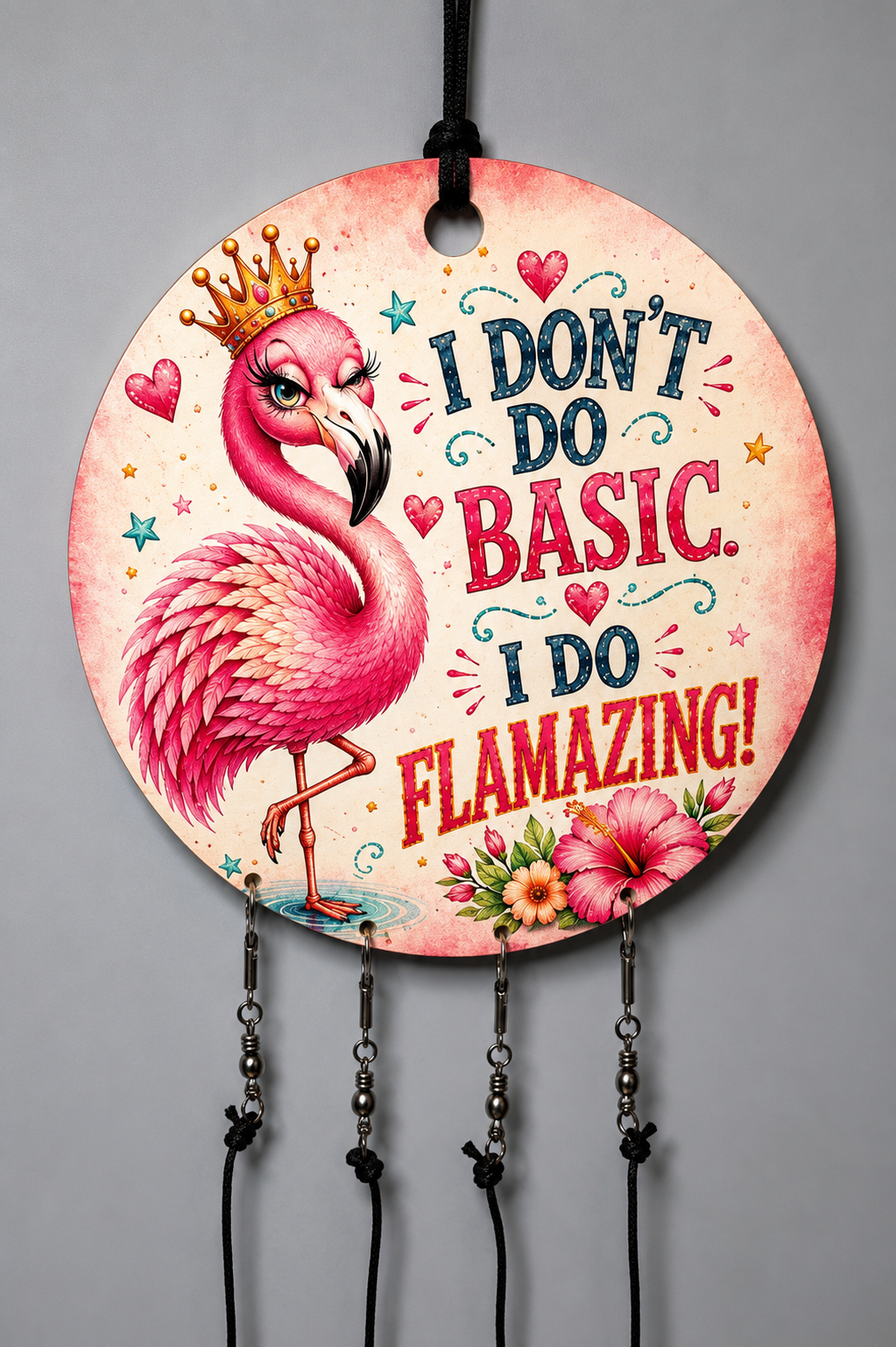 Decorative round sign with a pink flamingo, floral elements, and text on a gray background