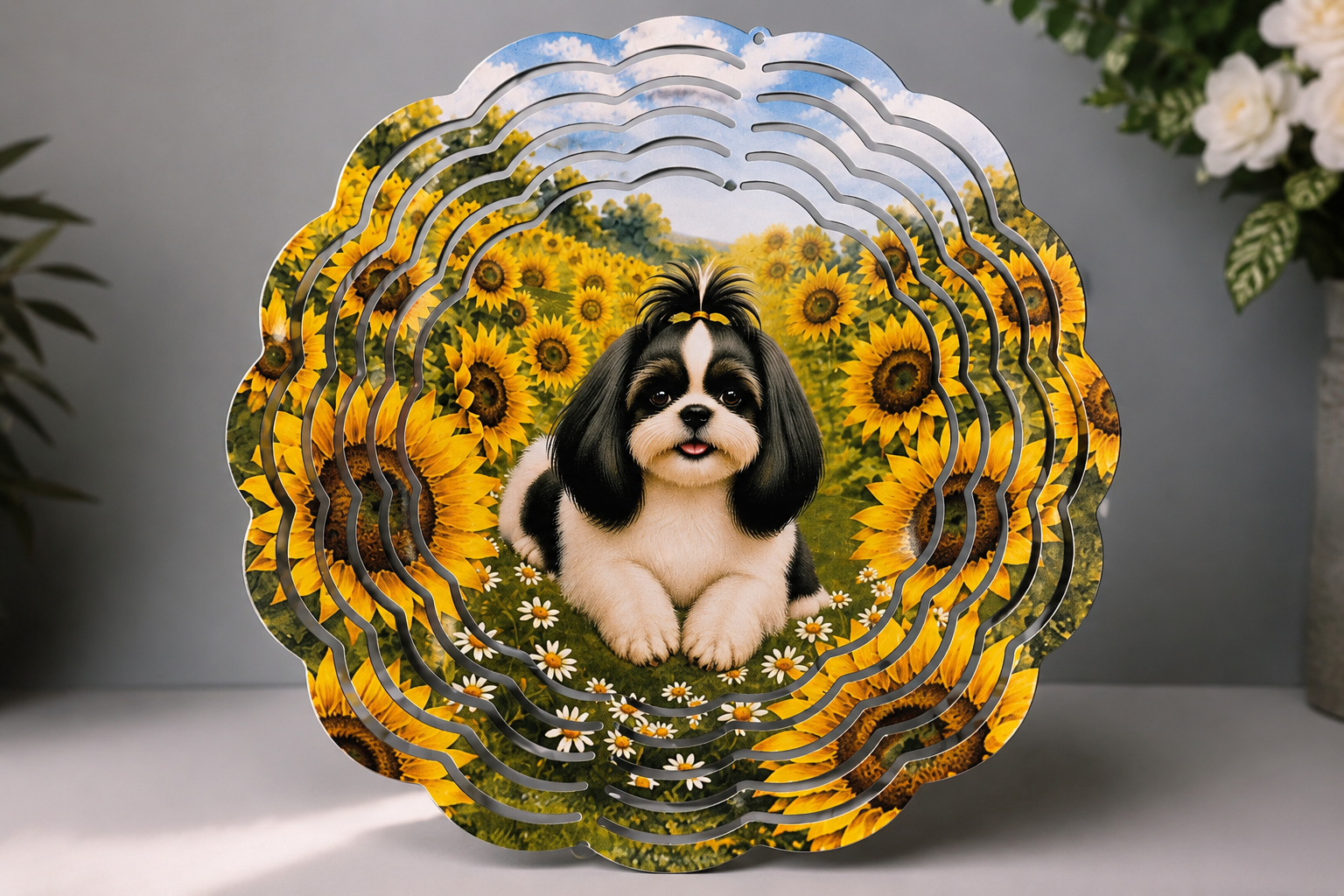 Decorative wind spinner with a Shih Tzu and sunflower design on a gray background