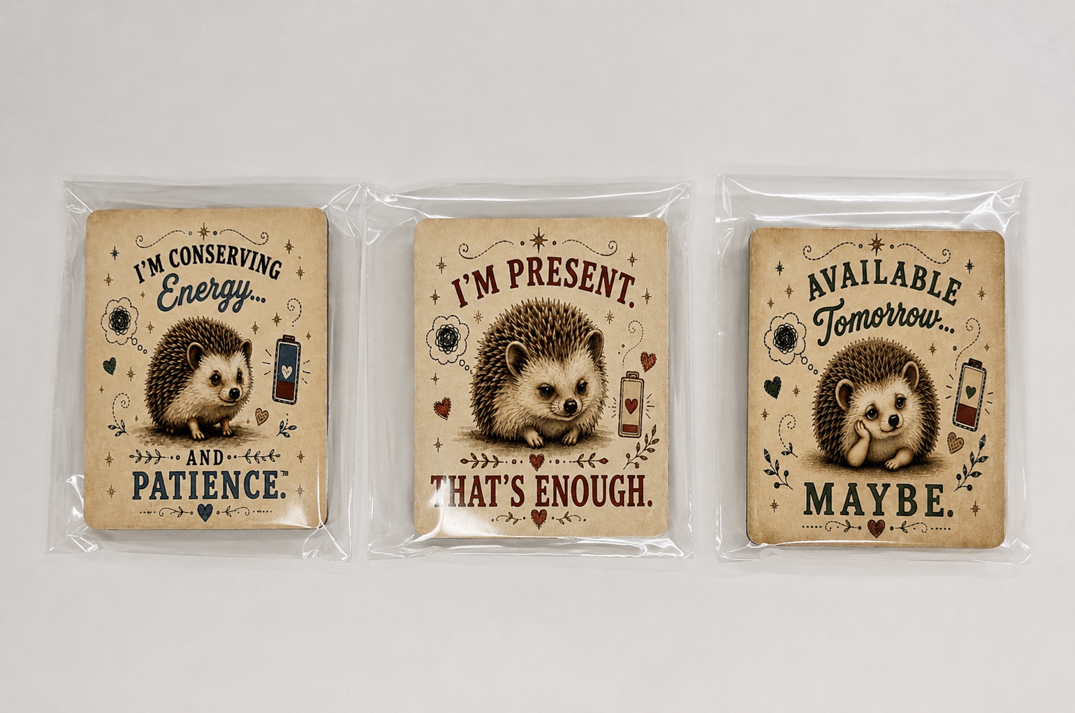 Three square printed cards or coasters in clear plastic sleeves, each featuring a hedgehog illustration and humorous text: 'I'M CONSERVING Energy.