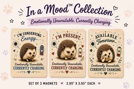A promotional graphic for a set of three decorative magnets from the 'In a Mood Collection'. The magnets feature cute hedgehogs and humorous quotes like 'I'M CONSERVING Energy.