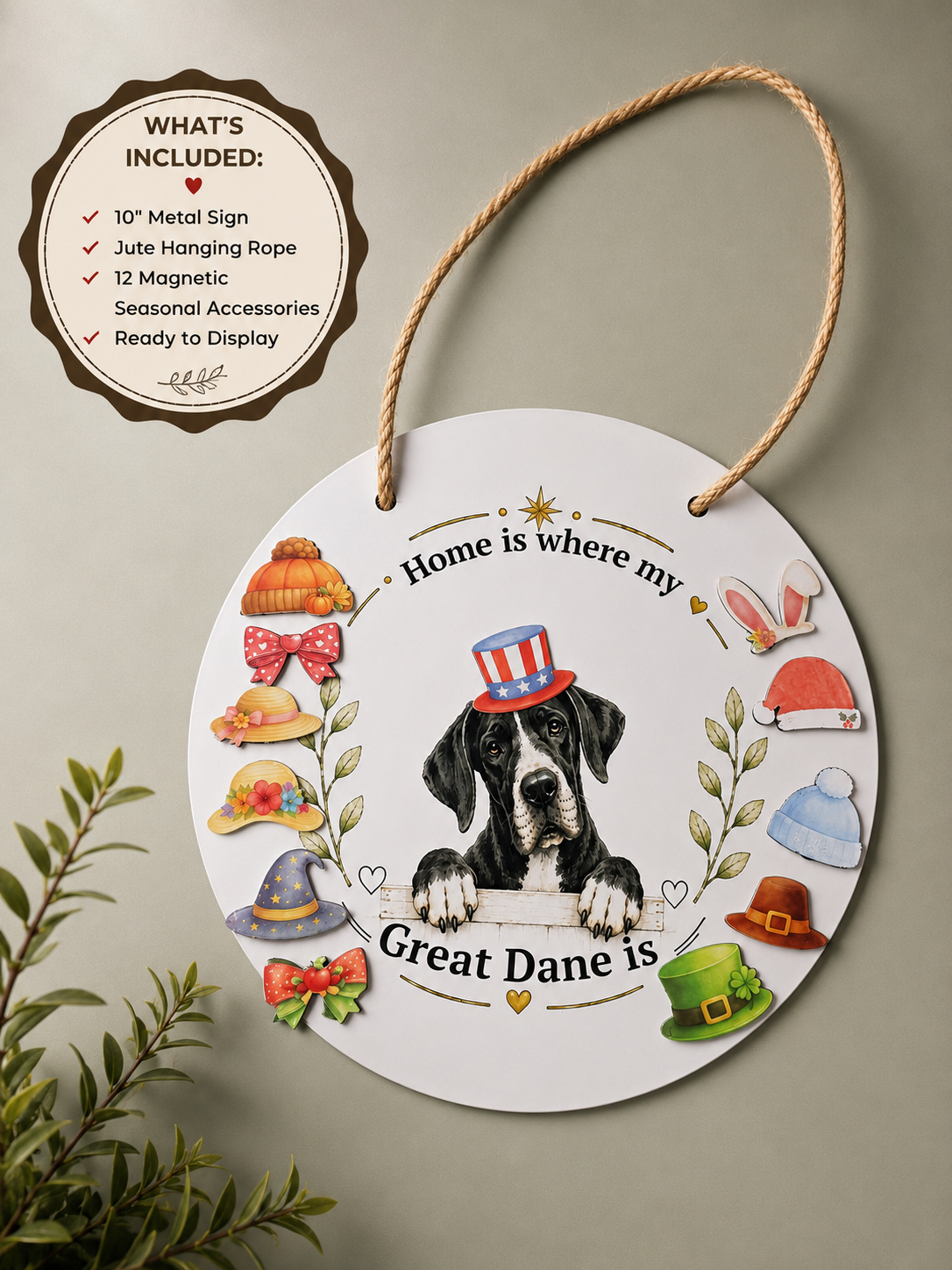 Decorative sign with a Great Dane illustration and festive hats on a neutral background.