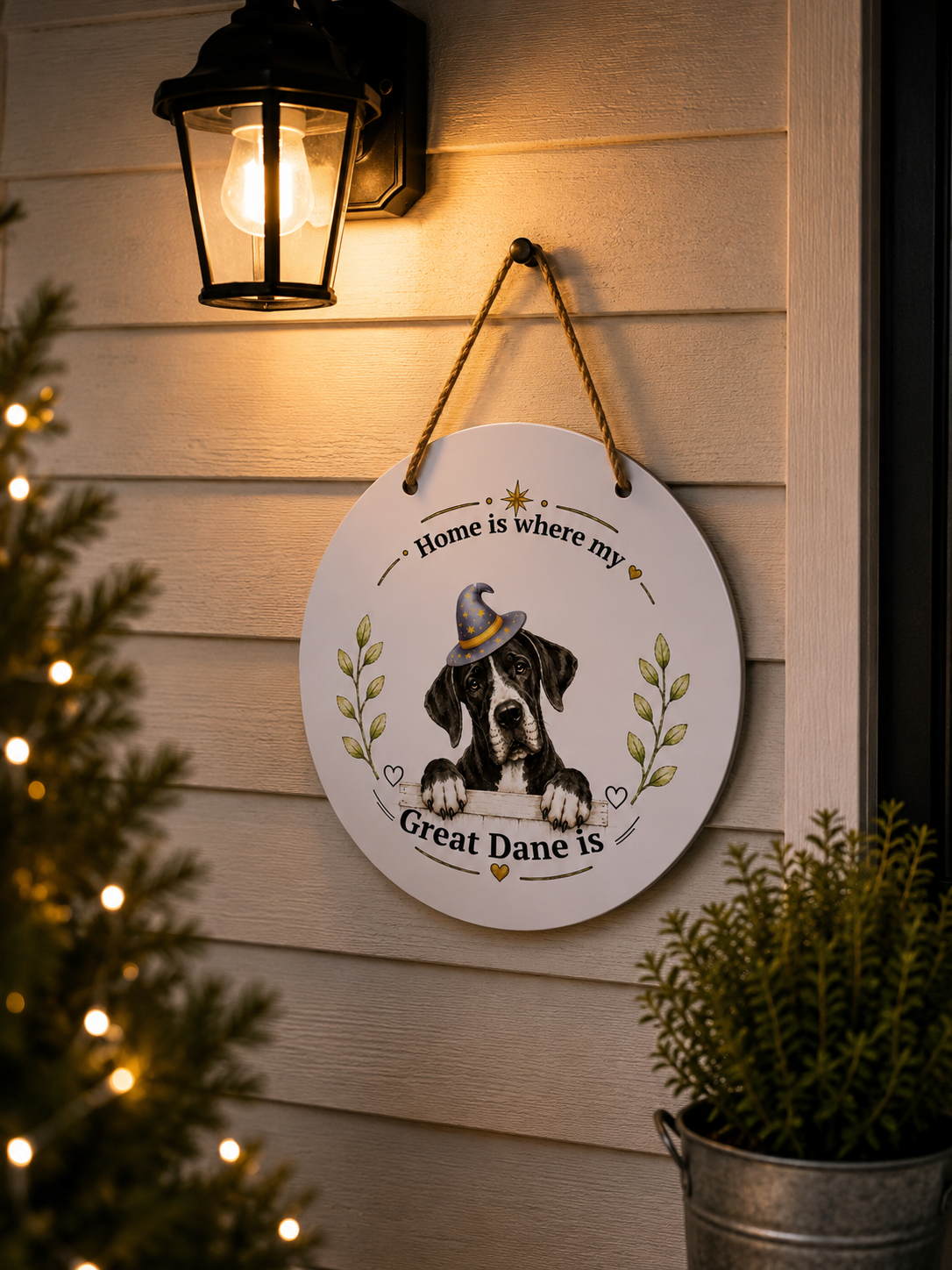 Decorative sign with a dog illustration and text on a wooden wall.