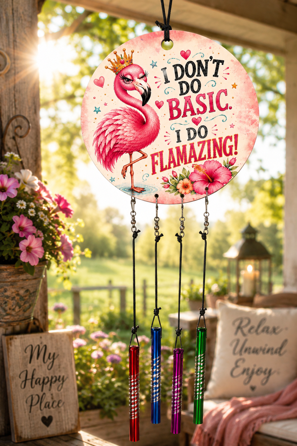 Decorative wind chime with flamingo design and text in a garden setting