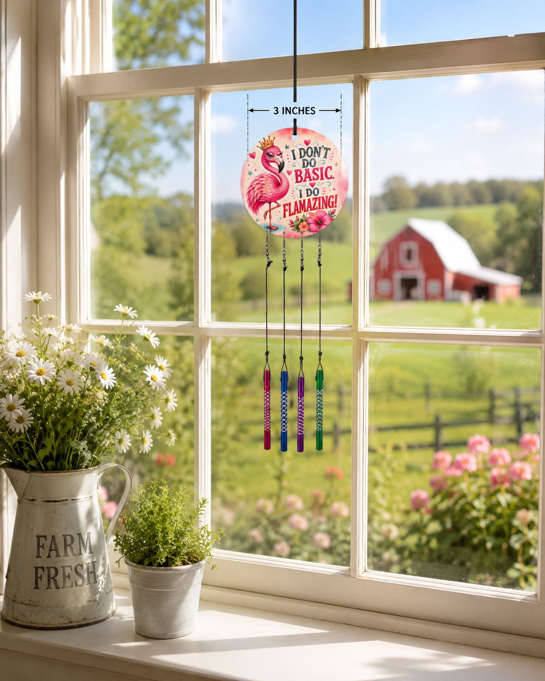 Decorative wind chime with flamingo design on a windowsill with a view of a red barn and green fields.