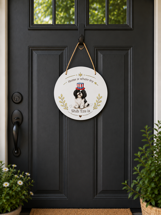 Decorative sign with Shih Tzu illustration hanging on a black door.