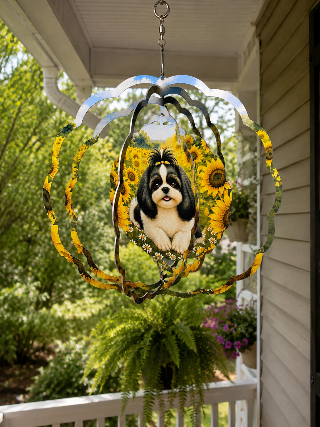 Decorative hanging ornament with a Shih Tzu design on a porch