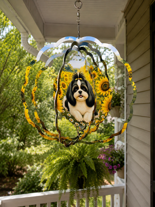 Decorative hanging ornament with a Shih Tzu design on a porch