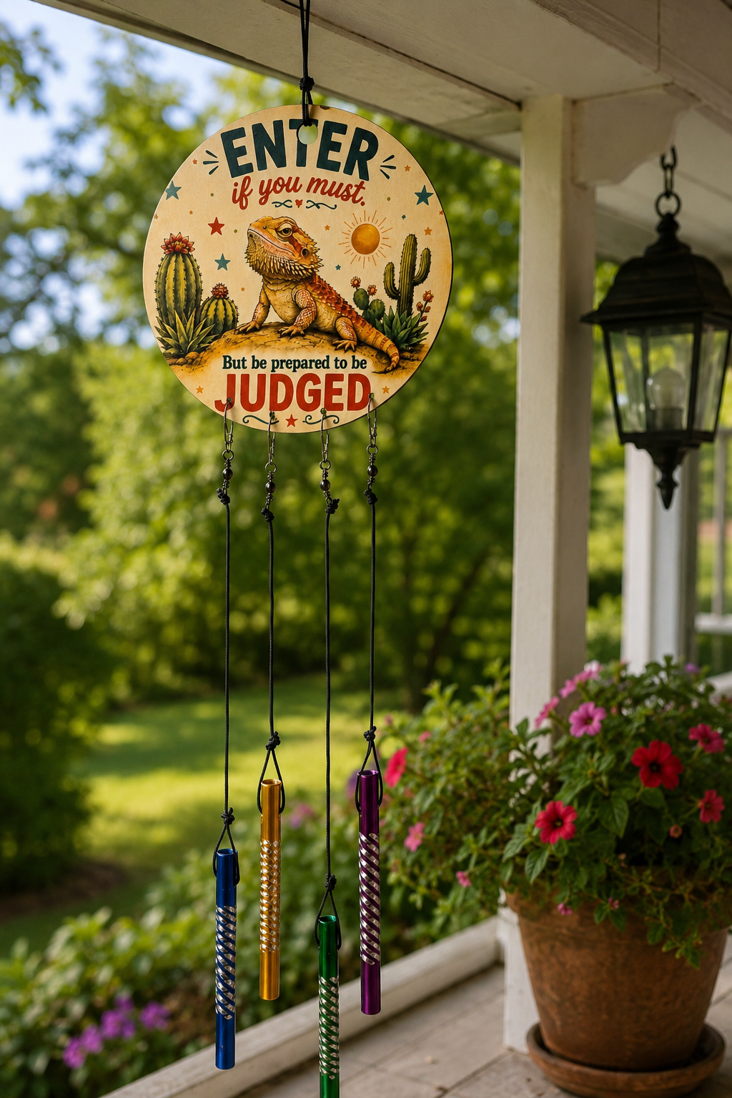 Decorative sign with cactus and lion design on a porch with flowers and a lamp.