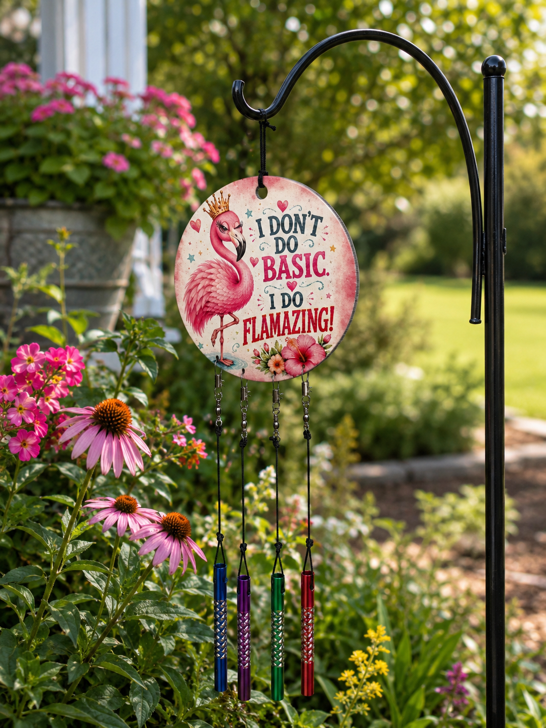 Decorative garden stake with flamingo design and text in a garden setting