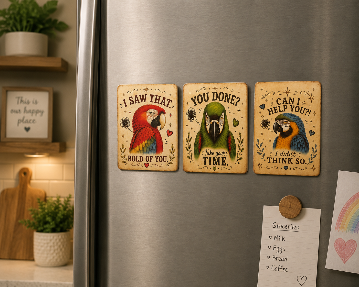 Three decorative refrigerator magnets with parrot illustrations and motivational text are shown on a stainless steel fridge in a kitchen setting. A handwritten note and other magnets are visible nearby.