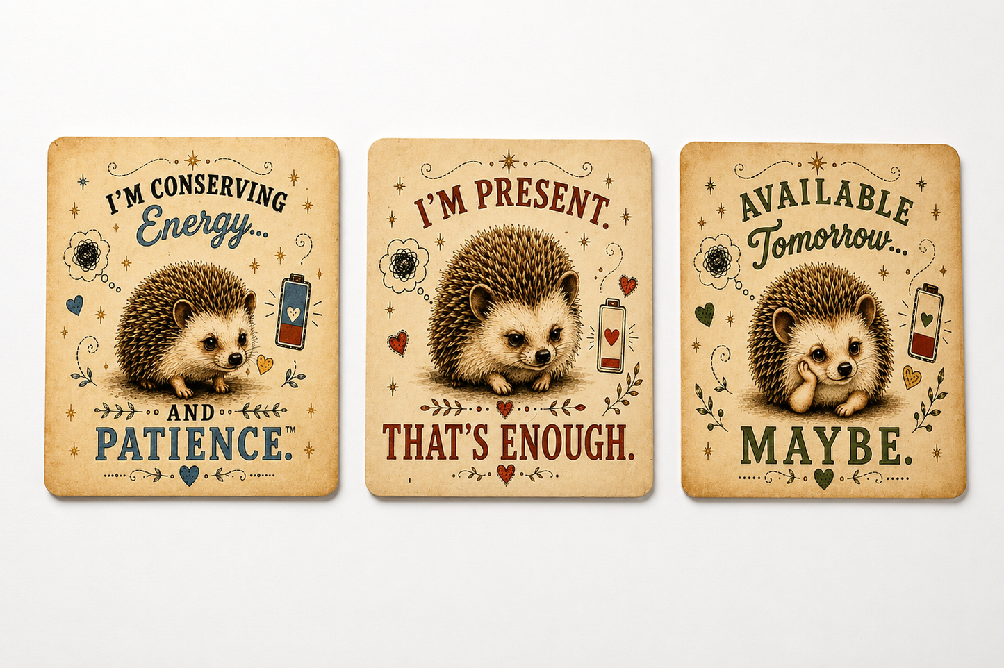 Three rectangular vintage-style decorative cards or prints shown side by side on a light gray background. Each card features an illustration of a hedgehog with humorous text: the left says 'I'M CONSERVING Energy.