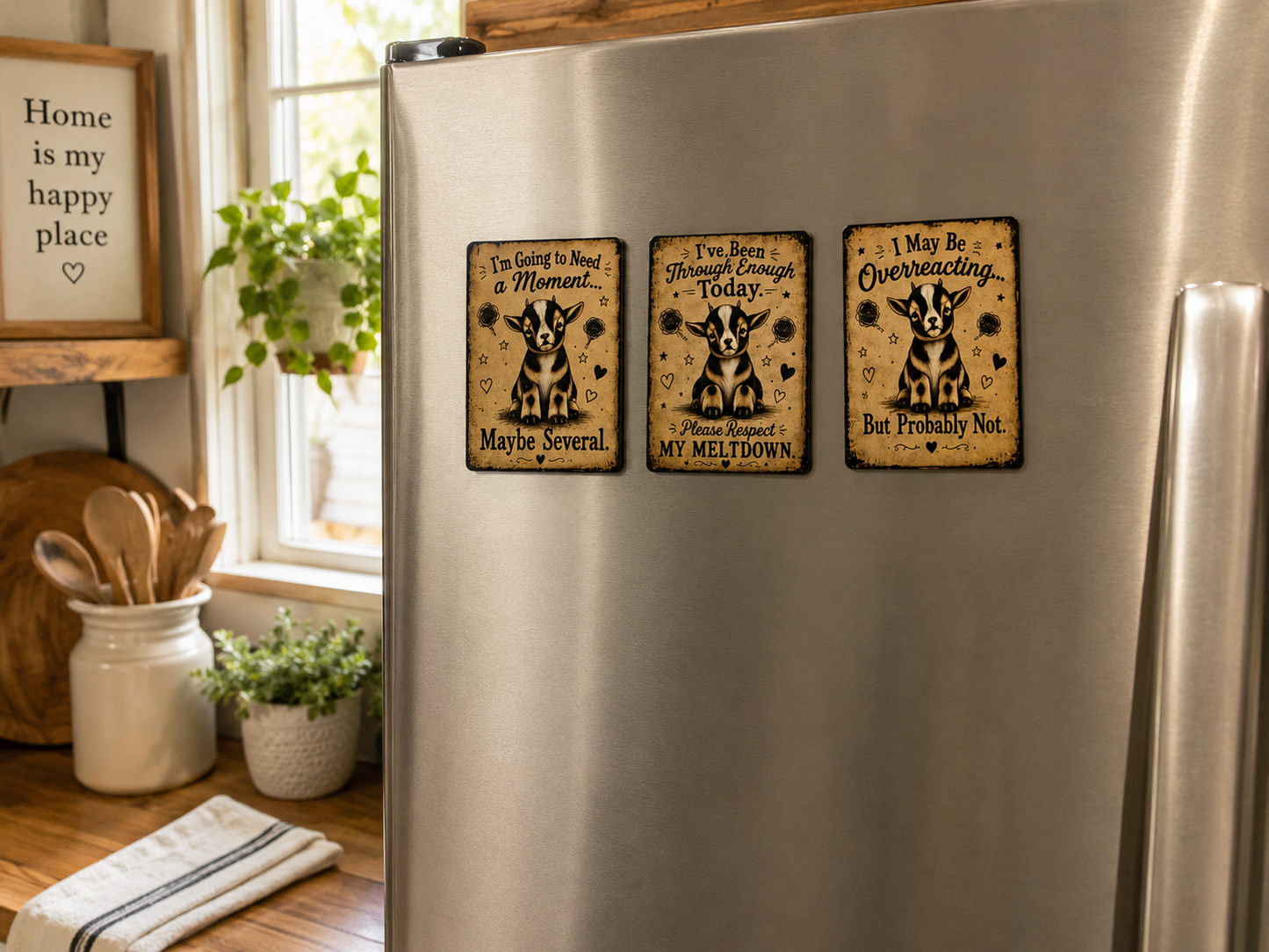 Three rectangular decorative magnets with black dog illustrations and humorous text are attached to a stainless steel refrigerator in a bright kitchen setting.