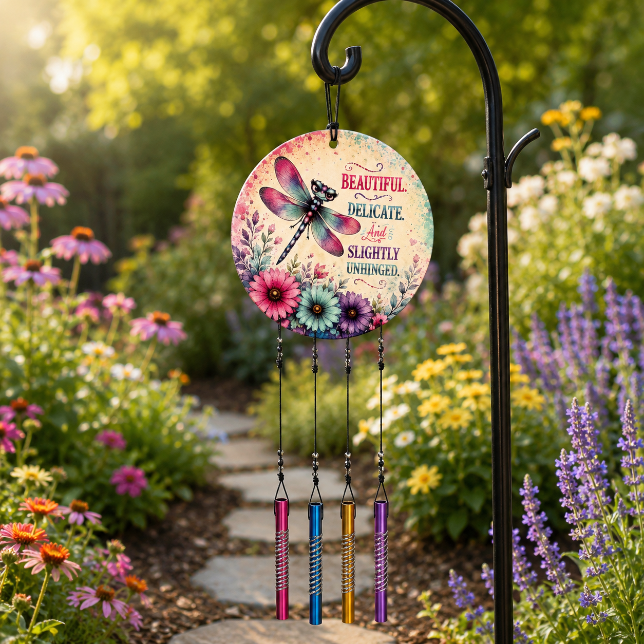 Decorative wind chime with floral design and motivational quote in a garden setting