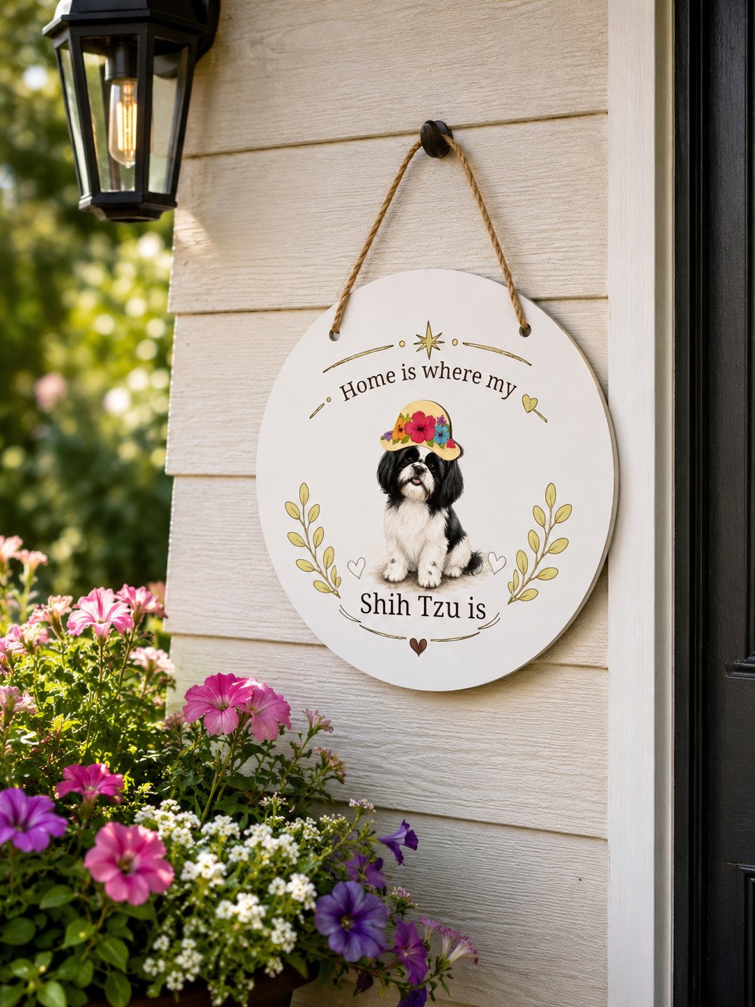 Decorative sign with a Shih Tzu illustration and text 'Home is where my Shih Tzu is' hanging on a wall with flowers below.