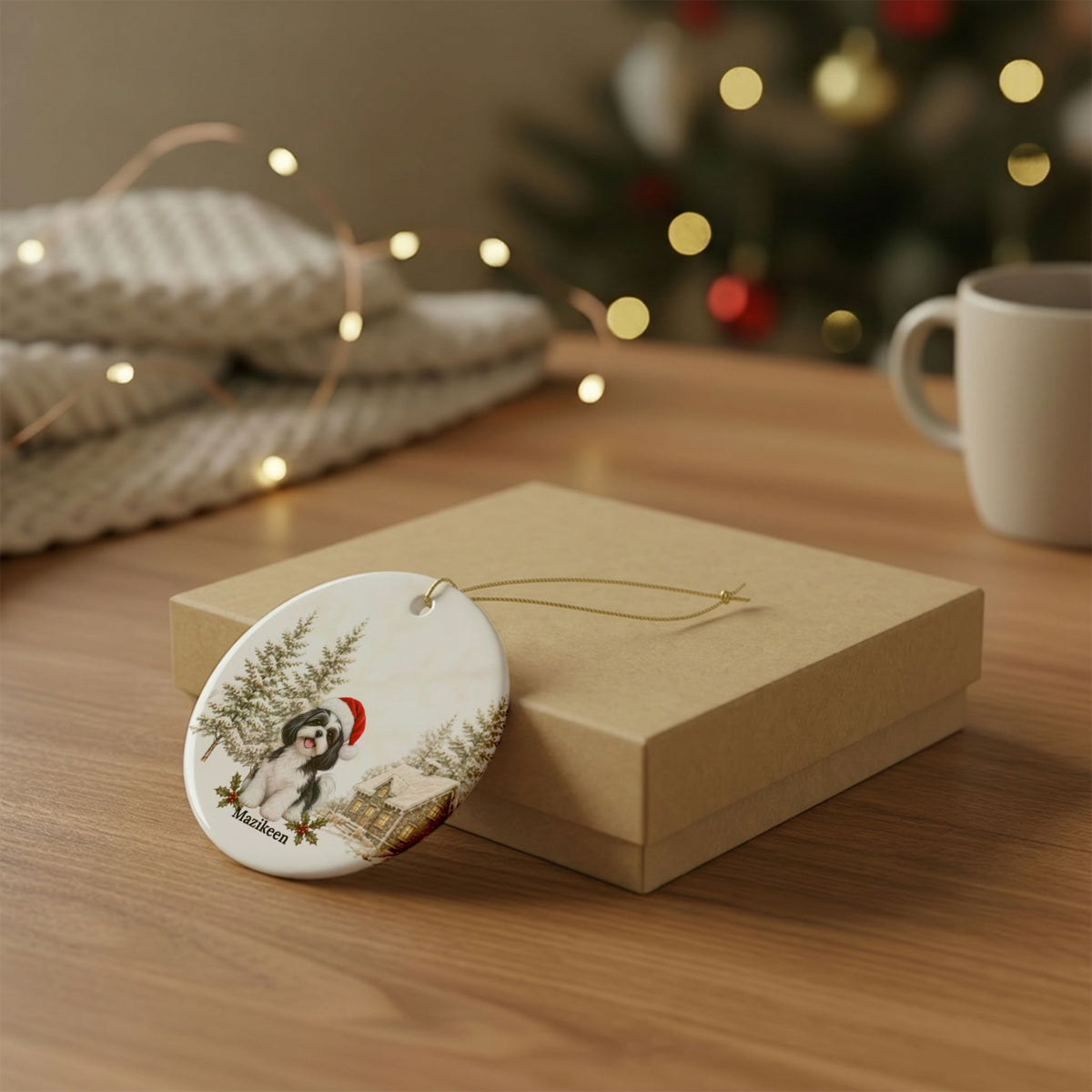 Personalized Black & White Shih Tzu Christmas Ornament | Custom Ceramic Dog Ornament 2026