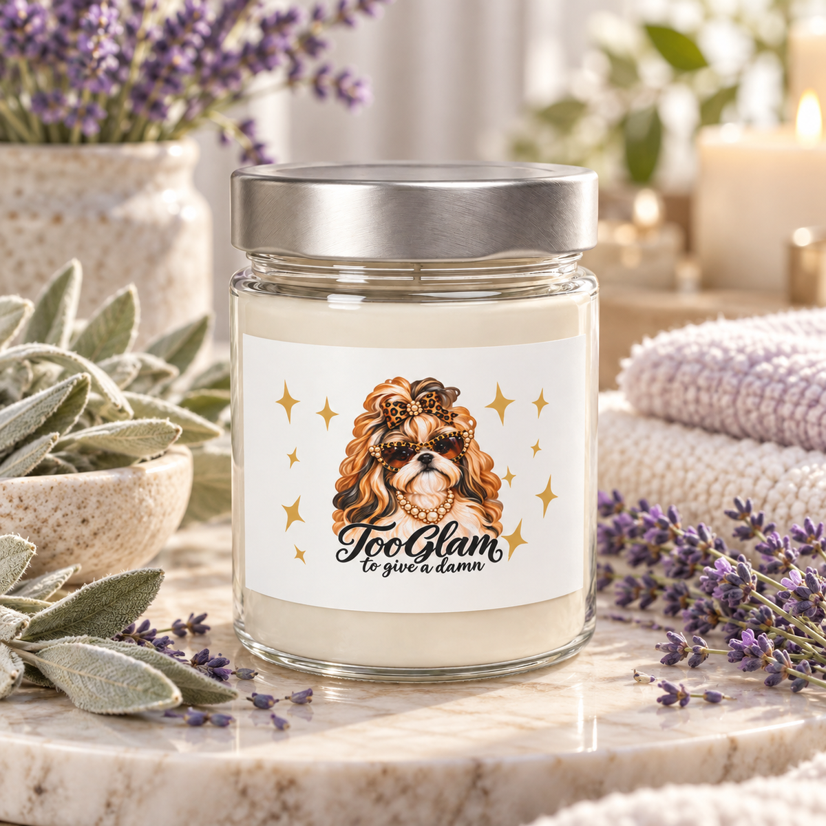 Shih Tzu Candle – Too Glam to Give a Damn, 9 oz Soy Wax Blend