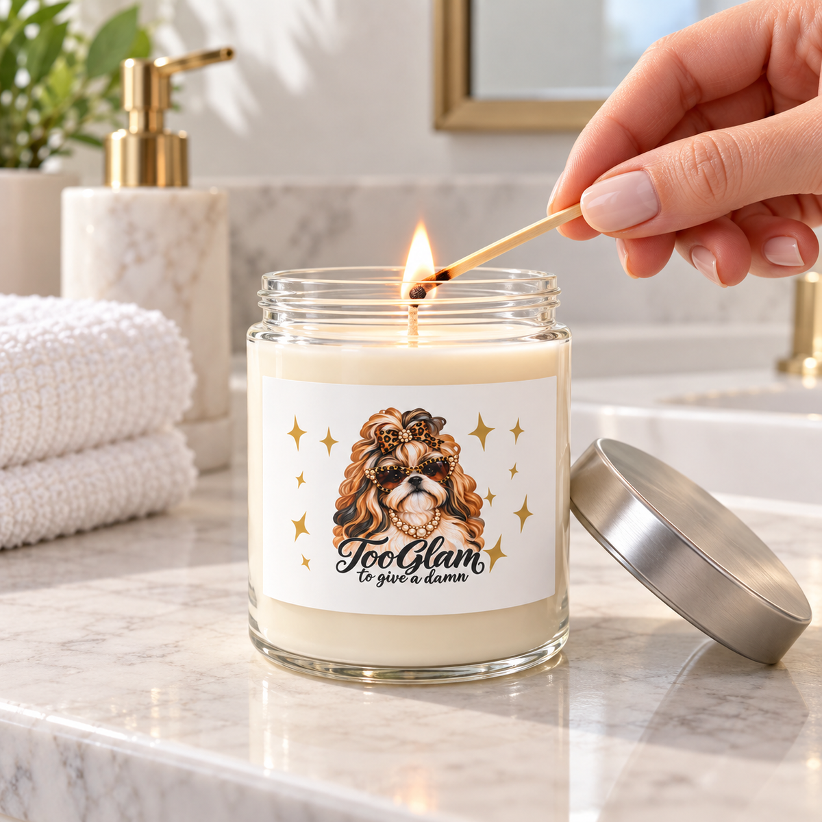 Shih Tzu Candle – Too Glam to Give a Damn, 9 oz Soy Wax Blend
