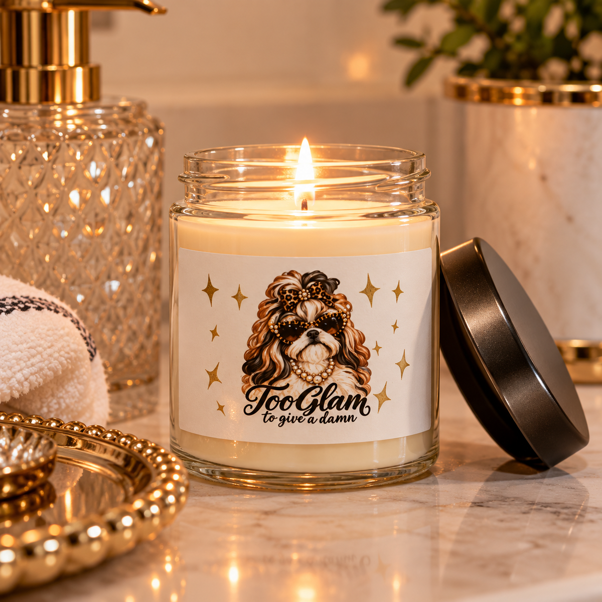 Shih Tzu Candle – Too Glam to Give a Damn, 9 oz Soy Wax Blend