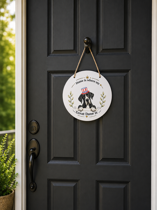 Decorative sign with a great dane illustration hanging on a black door.