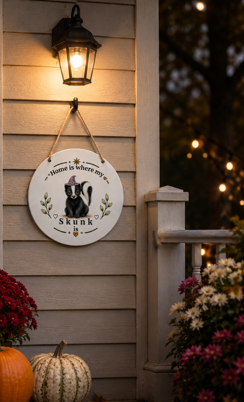 A round white decorative sign hanging on a beige house exterior at dusk, featuring a black cat in a witch hat with the text 'Home is where my Skunk is'. A lit black wall lantern glows above, with pumpkins and flowers below and warm string lights in the background.