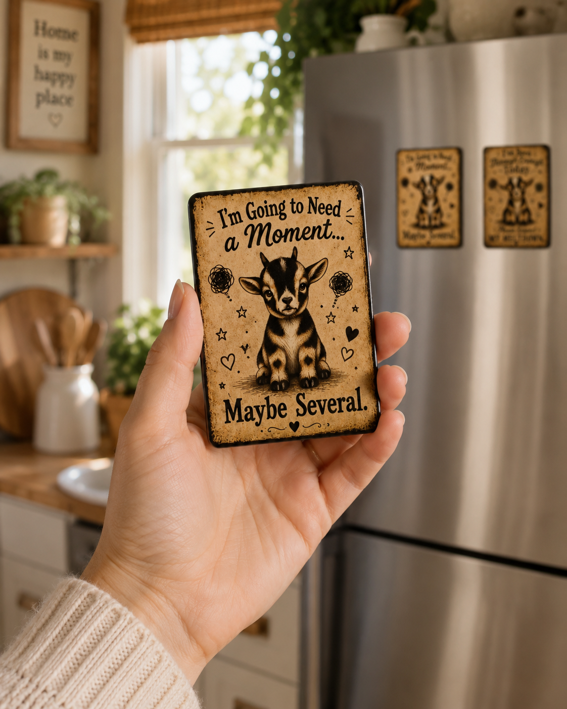 A hand holds a small rectangular decorative sign in a kitchen setting. The sign has a rustic tan background with black text reading “I’m Going to Need a Moment.