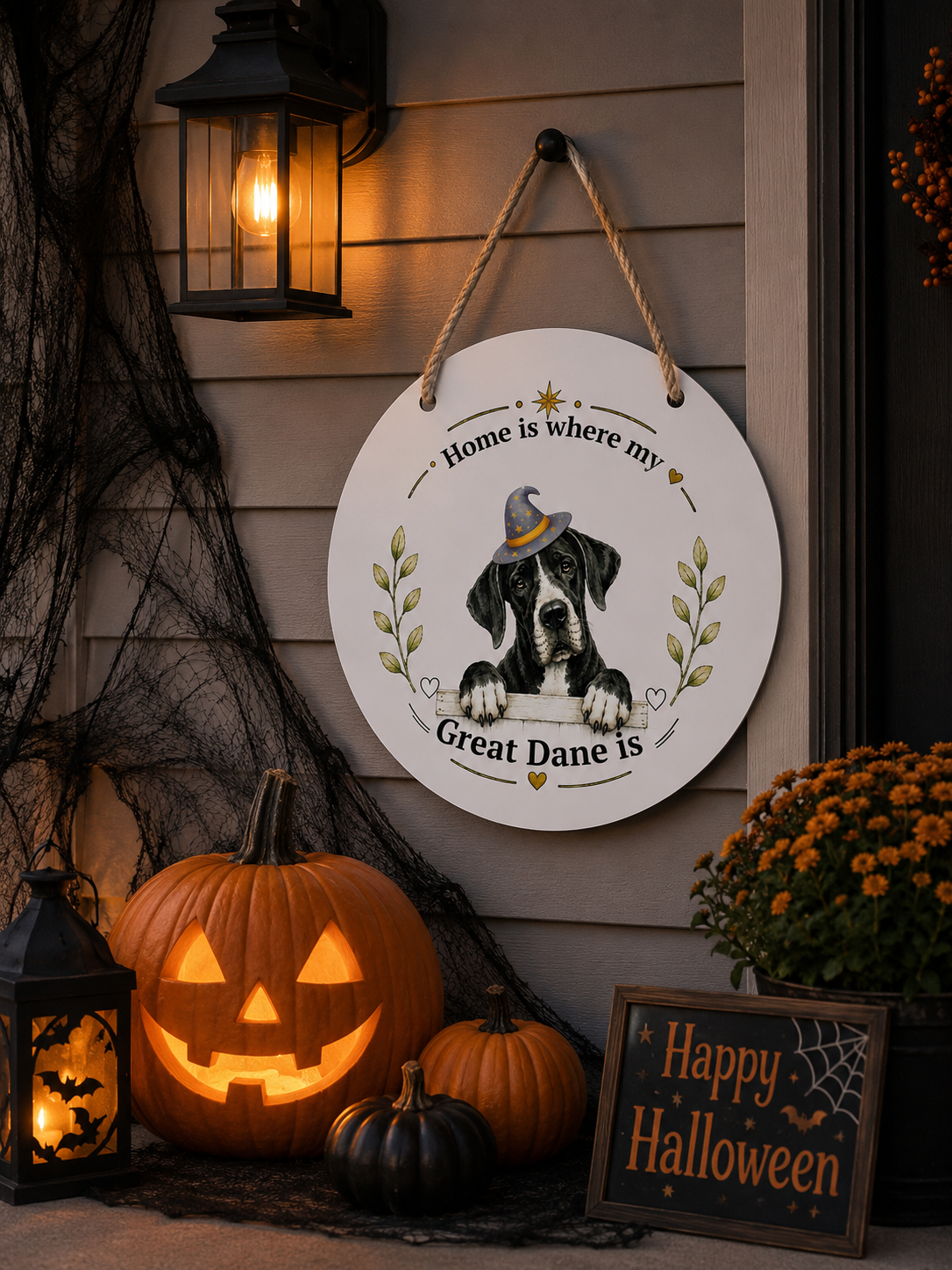 Decorative sign with a Great Dane illustration on a Halloween-themed porch.