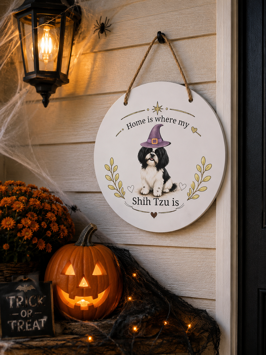 Decorative sign with a Shih Tzu in a witch hat, surrounded by Halloween decorations.