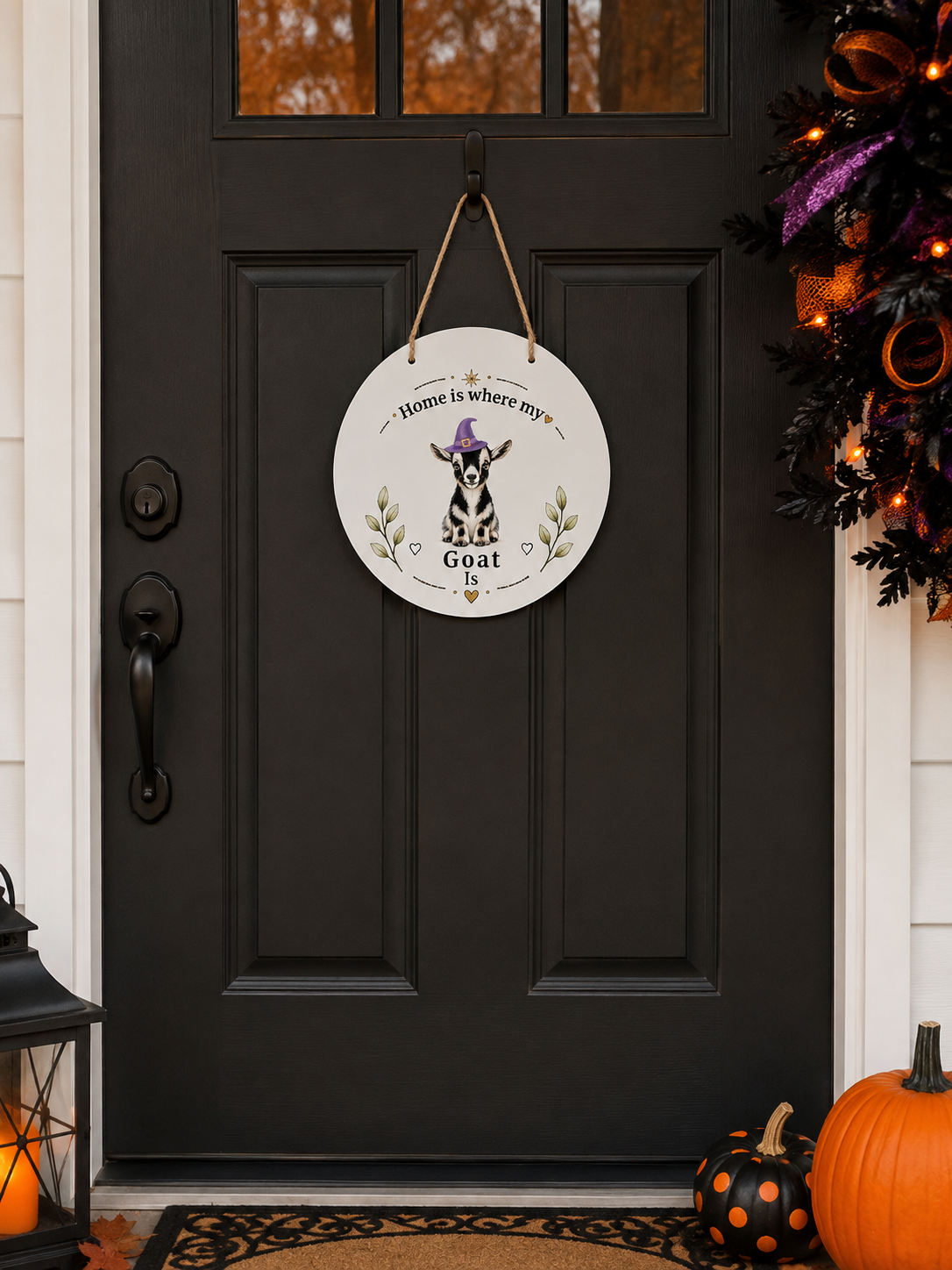 A round white Halloween hanging sign with a goat wearing a witch hat and the text 'Home is where my Goat is' hangs on a black front door. The scene is styled for fall with pumpkins, a decorated wreath, and a lantern.