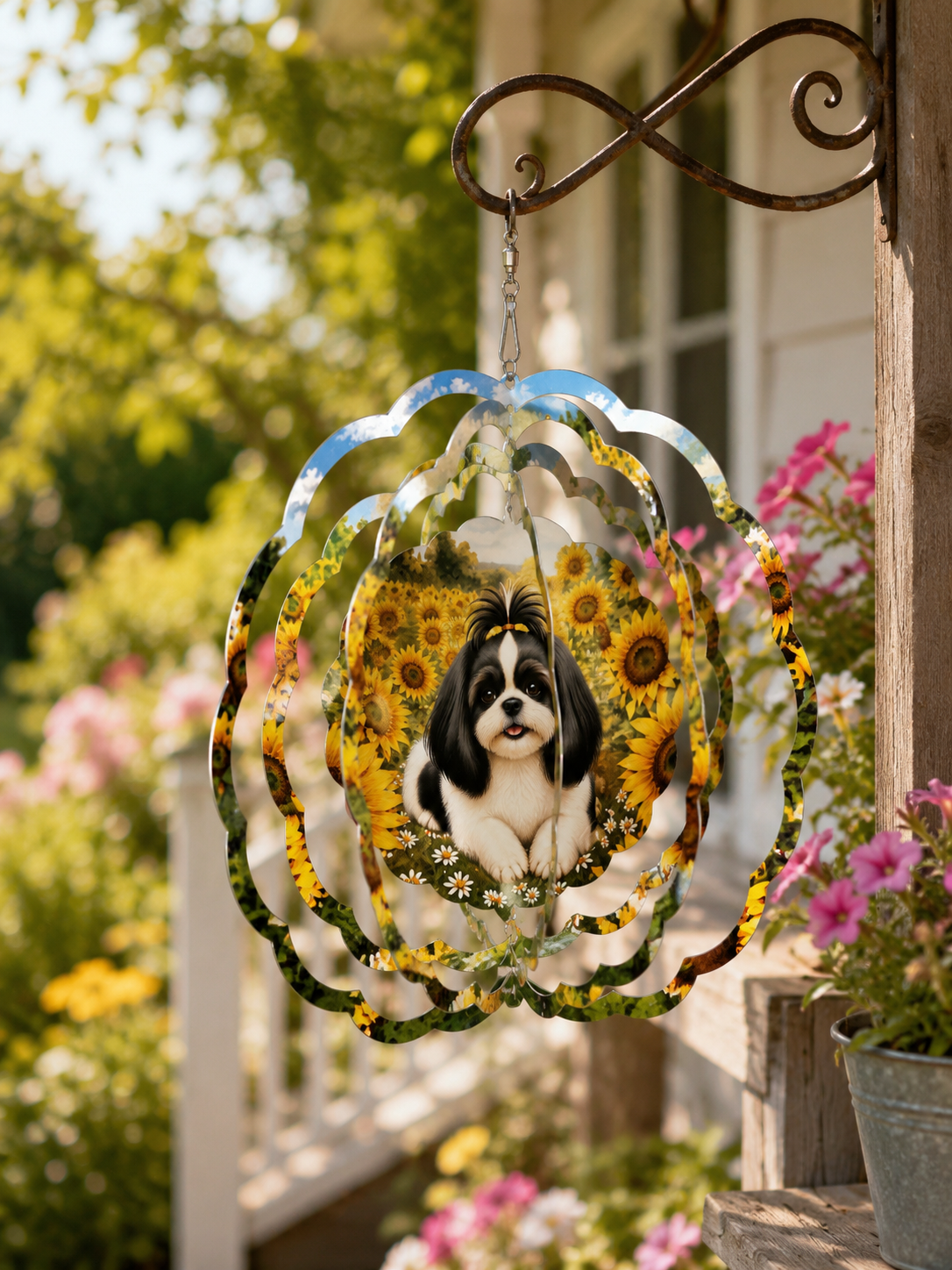 Decorative wind spinner with a dog design hanging outdoors.