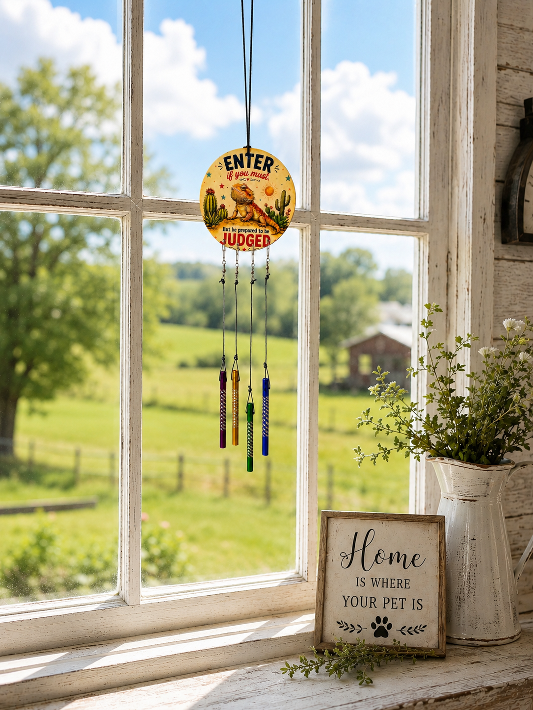 Decorative hanging sign with a scenic view outside a window