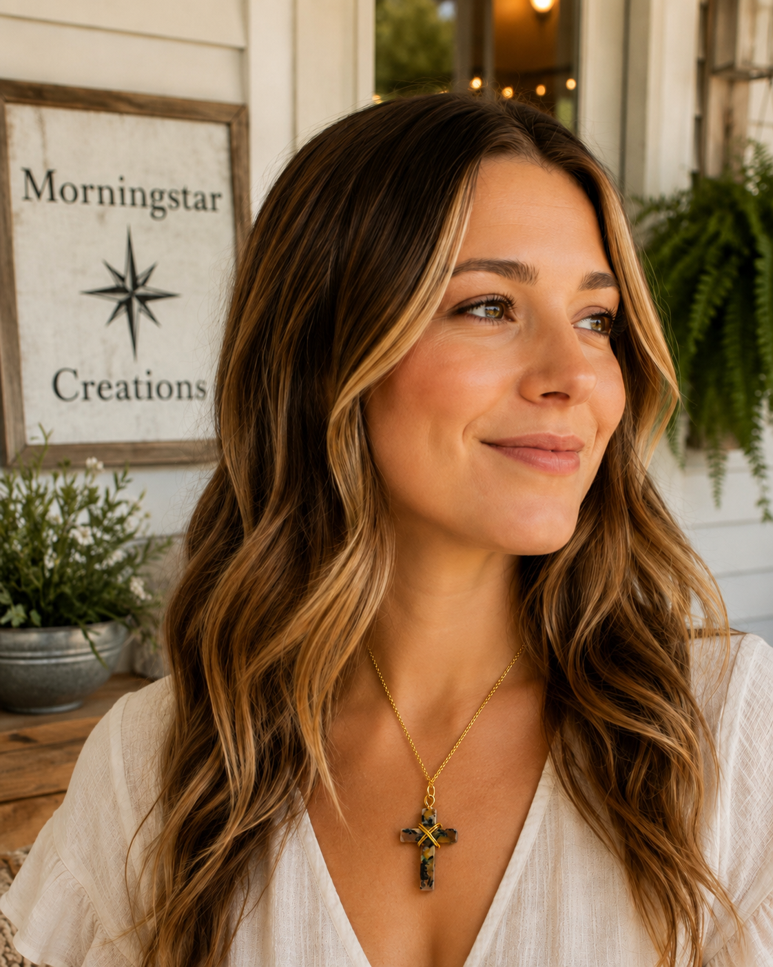 A woman with long wavy brown and blonde hair wears a gold cross pendant necklace with green and blue enamel details. She is wearing a white top in front of a rustic white wooden wall with a 'Morningstar Creations' sign.