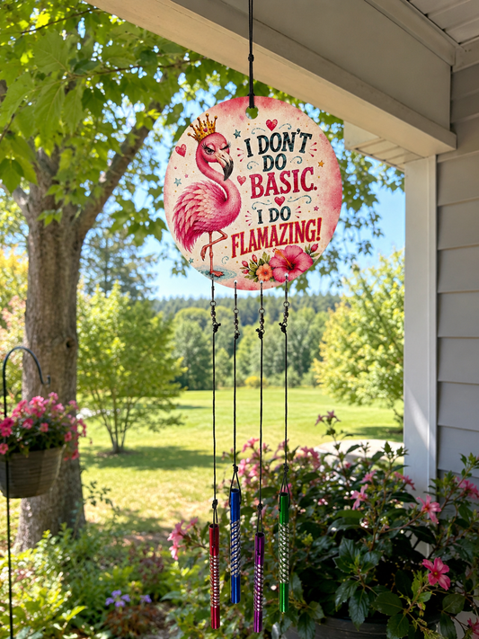 Decorative wind chime with flamingo design on a porch with flowers and trees in the background