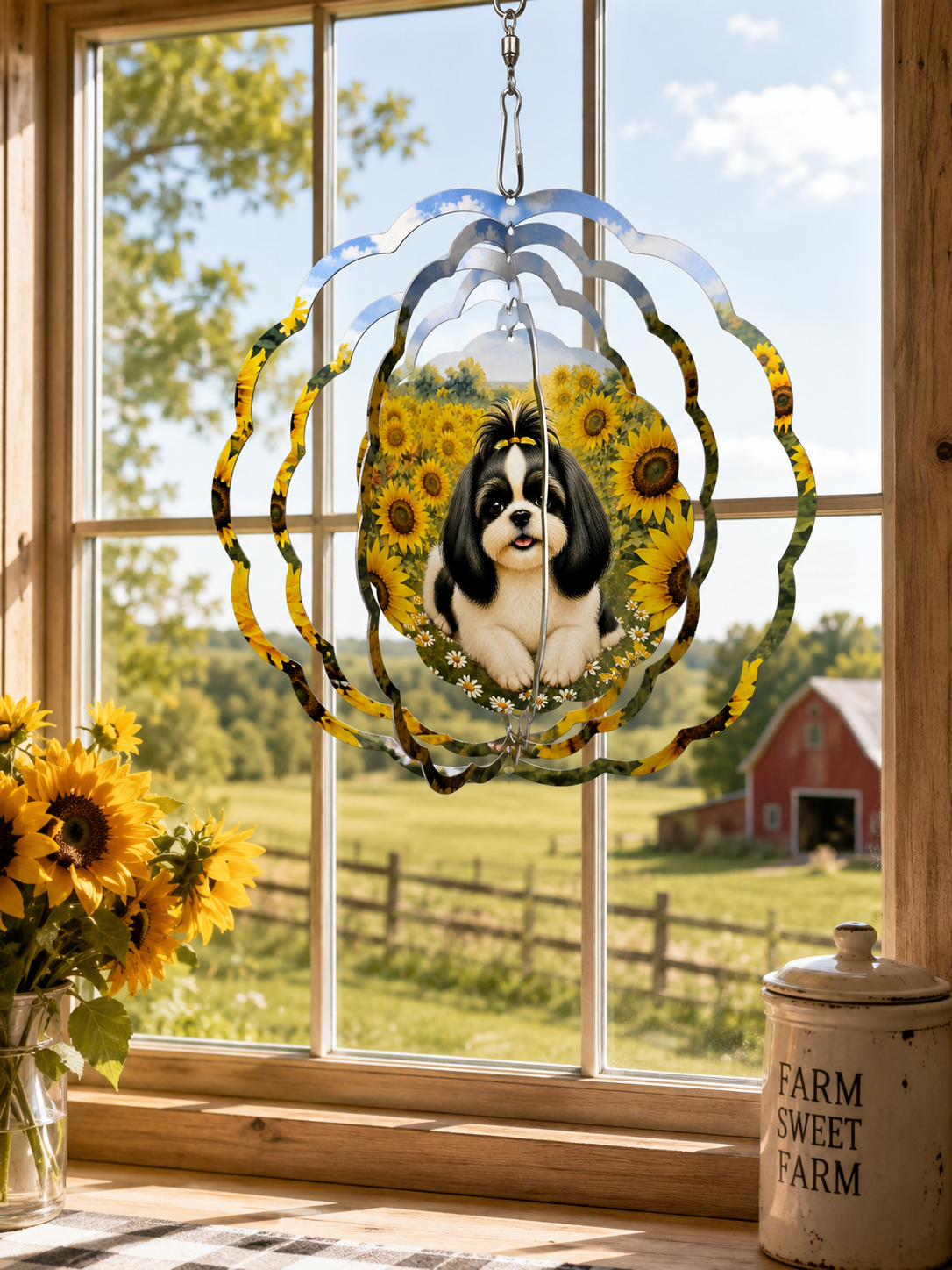 Decorative wind spinner with a Shih Tzu and sunflower design hanging by a window with a view of a red barn.
