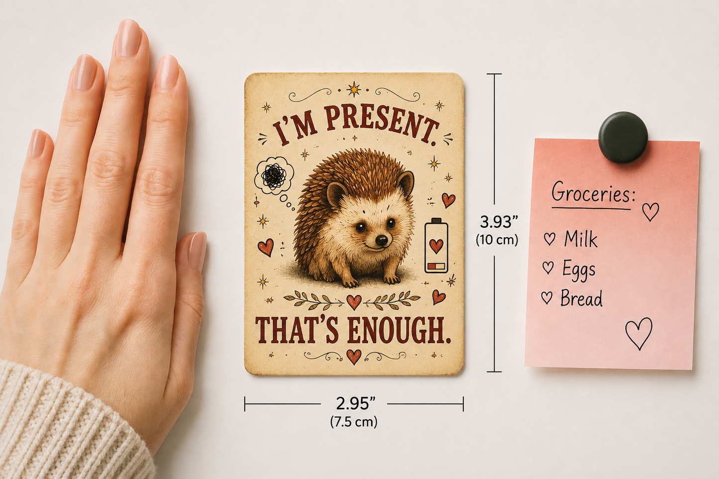 A decorative card with a hedgehog illustration and the text 'I'M PRESENT THAT'S ENOUGH.' is shown next to a pink sticky note on a white background, with a hand entering from the left and dimension lines indicating the card's size.