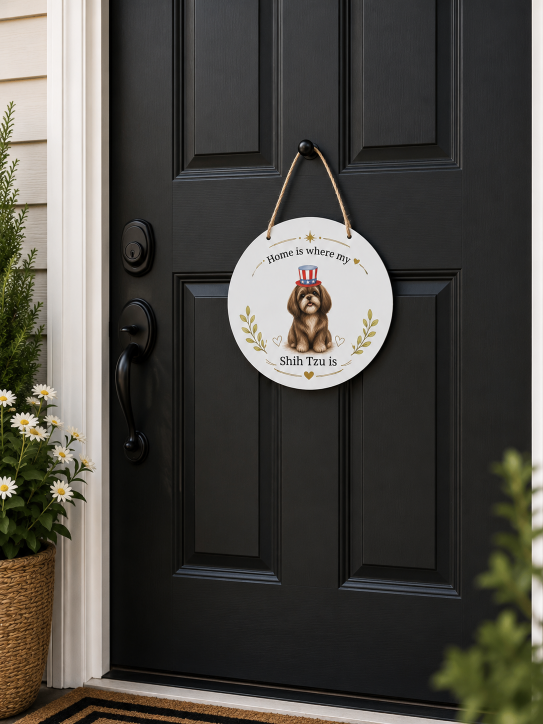 Decorative sign with a BROWN SHIH TZU illustration hanging on a black door.