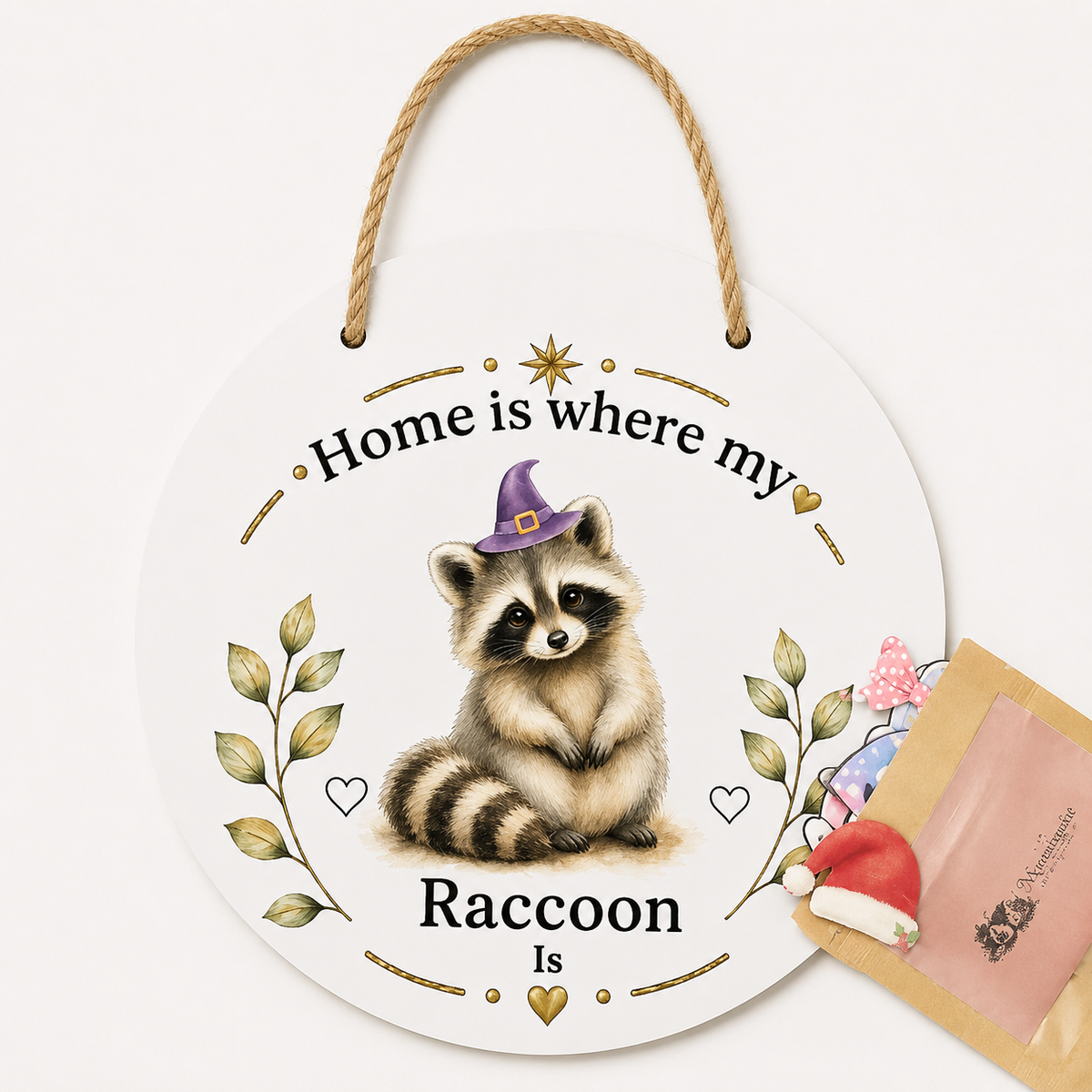 A round white hanging plaque with a rope handle, featuring an illustrated raccoon wearing a purple witch hat and the text 'Home is where my Raccoon Is.' A small gift bag with a Santa hat and pink ribbon sits beside it on a clean white background.