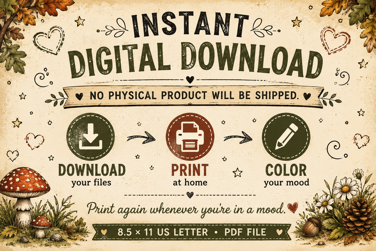 A digital listing graphic for an instant download PDF file, featuring a vintage woodland theme. The text reads 'INSTANT DIGITAL DOWNLOAD' and 'NO PHYSICAL PRODUCT WILL BE SHIPPED.