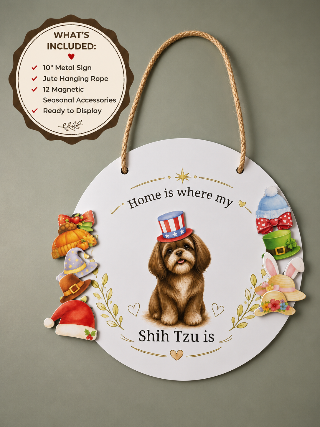 Decorative metal sign with Shih Tzu illustration and festive accessories on a gray background.