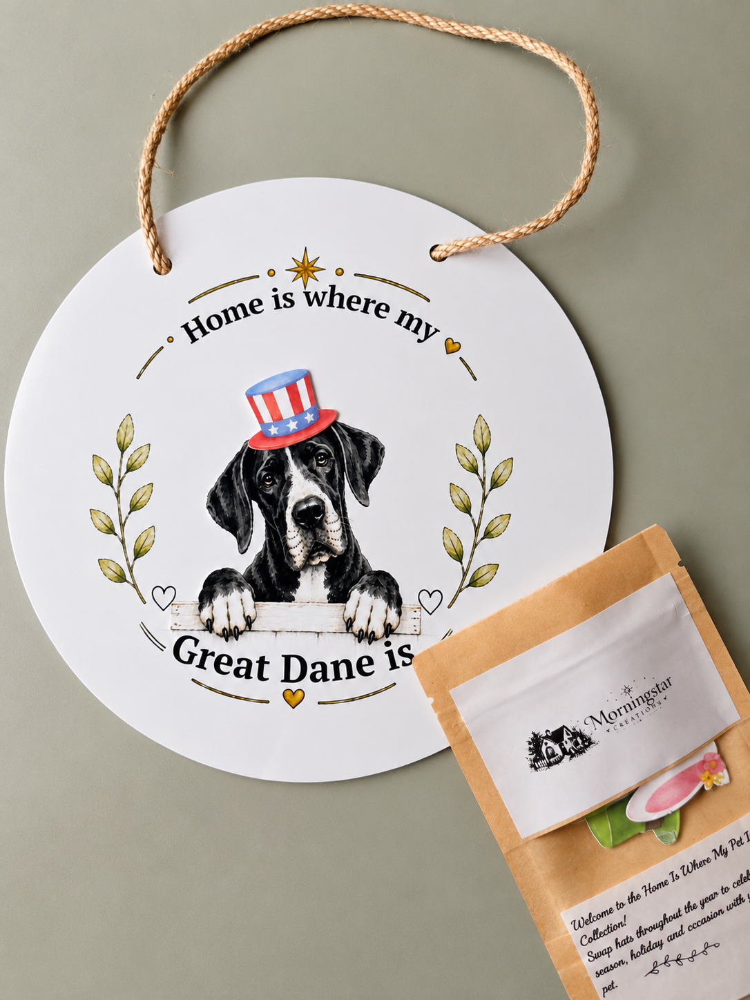 Decorative sign with a Great Dane illustration and text on a beige background