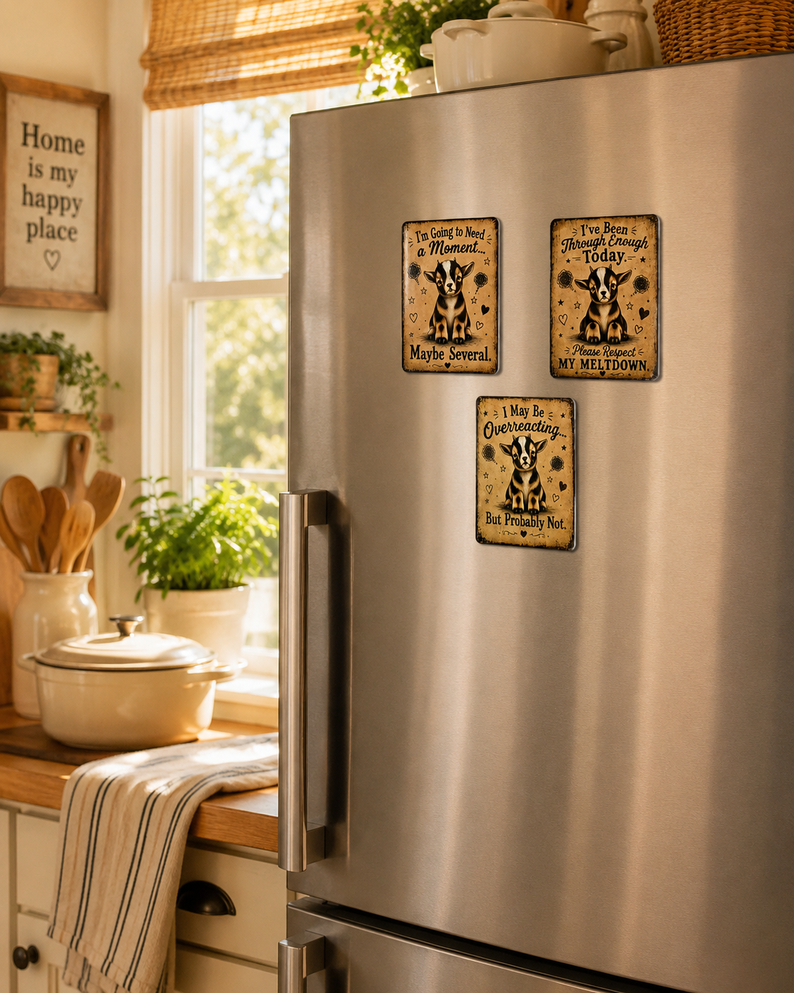 Three rectangular metal refrigerator magnets with cow illustrations and humorous text are attached to a stainless steel fridge in a bright kitchen setting.