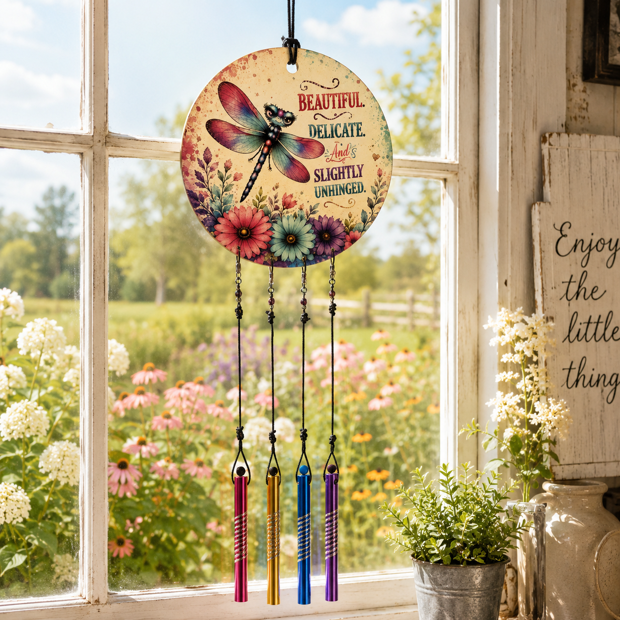 Decorative wind chime with dragonfly design in front of a window with a garden view.