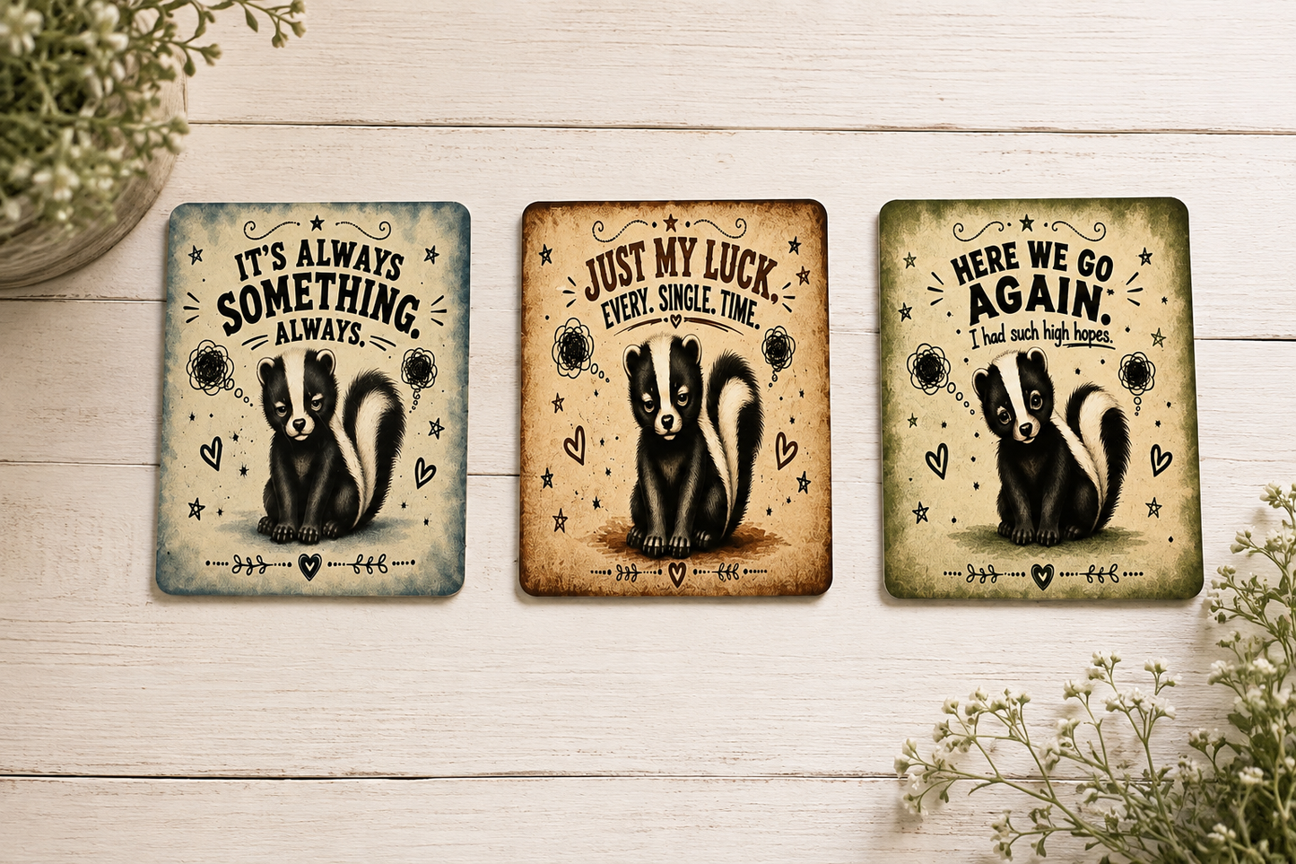 Three square decorative art prints featuring skidoo illustrations and humorous quotes, arranged side by side on a light wood plank surface with small greenery props in the corners.