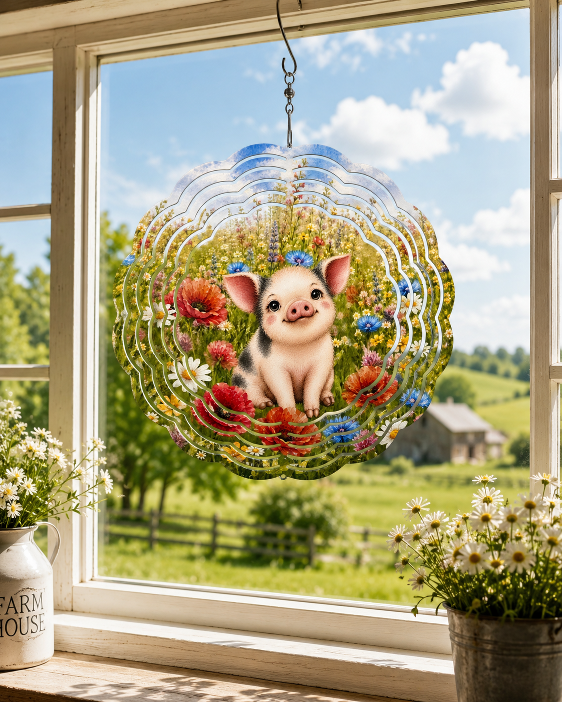 Decorative hanging with a pig illustration and flowers, placed on a windowsill with a scenic view outside.
